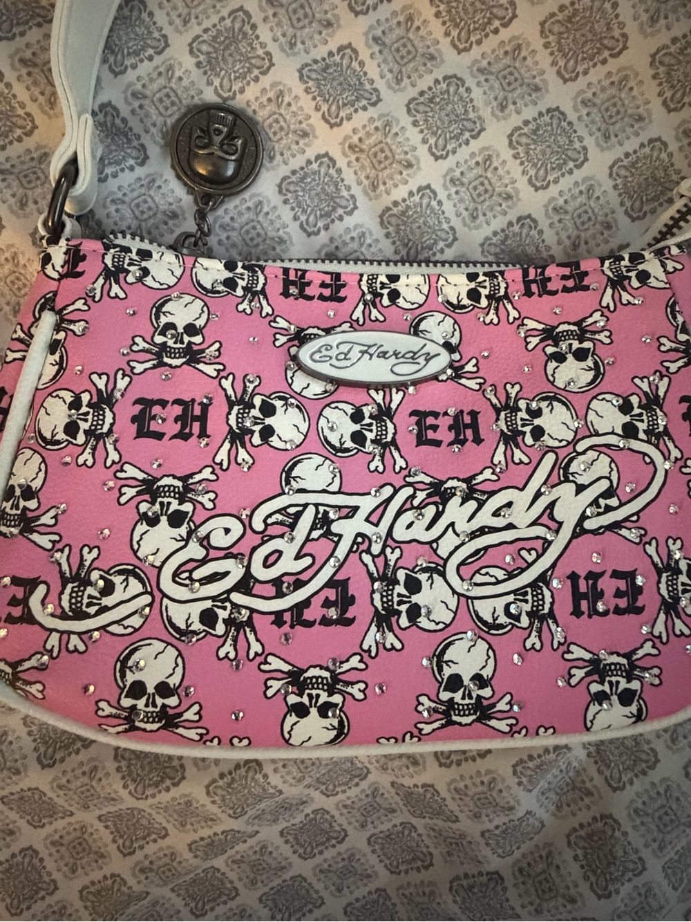 Ed Hardy Pink Skull & Crossbones Shoulder Bag with White Trim